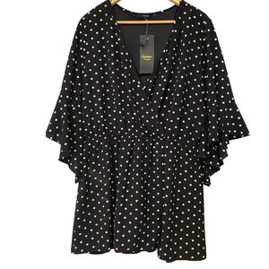 Espresso Women 2X Black Polka Dot V-Neck Flutter Sleeve Peplum Top NWT Plus Size
